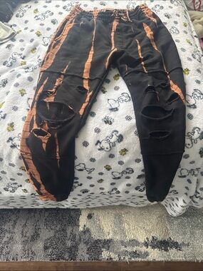 Men's Black & Orange Tie-Dye Distressed Joggers